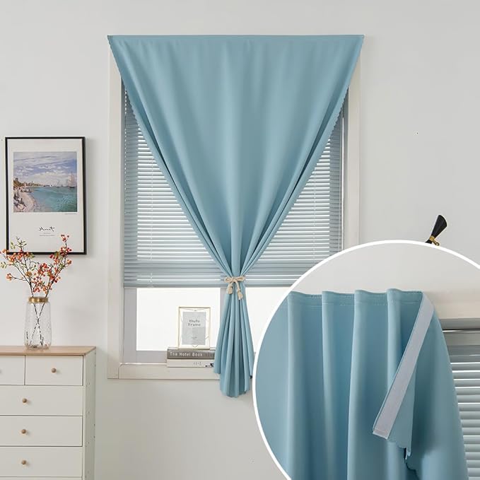 Self Adhesive Curtains, Black Out Shade for Window, Blackout Fabric Temporary Window Coverings Easy to Hang Curtains No Rod Needed, Use for Bedroom, Room, Kitchen, 35"W X 59"L, Lake Blue, 1 Panel