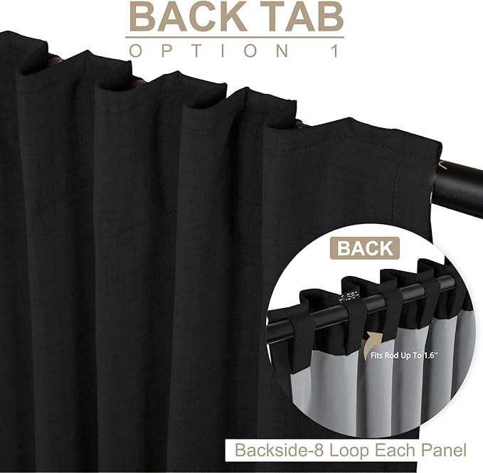 100% Blackout Shield Linen Blackout Curtains for Bedroom 90 Inches Long, Back Tab/Rod Pocket Living Room Drapes, Thermal Insulated Blackout Curtains 1 Panel Set, 100" W x 90" L, Black