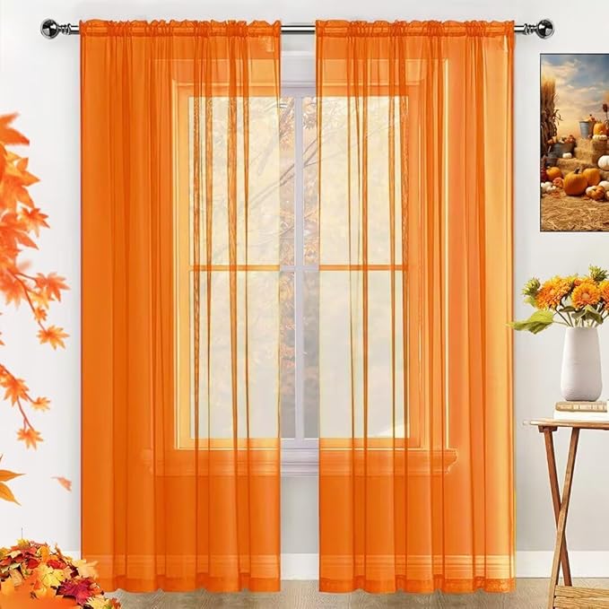 SpaceDresser Basic Rod Pocket Sheer Voile Window Curtain Panels White 1 Pair 2 Panels 70 Width 84 Inch Long for Kitchen Bedroom Children Living Room Yard(Orange,70 W x 84 L)