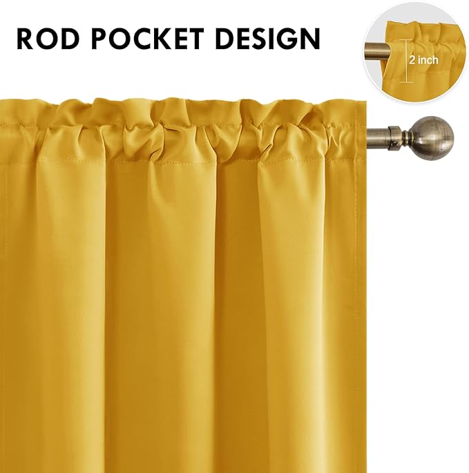 DWCN Blackout Curtains Room Darkening Thermal Insulated Bedroom Curtains Window Curtain Panels, 38 x 63 inches Long, Set of 2 Yellow Rod Pocket Drapes