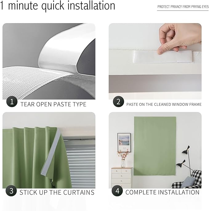Magic Tape Blackout Curtains for Bedroom No Drillng Self Adhesive Curtains No Rod Small Window, 47" W X 79" L, Sage Green, 1 Panel