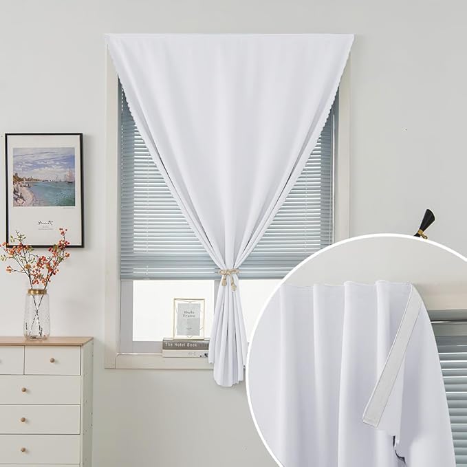 self Adhesive Curtains Portable Blackout Curtain Simple and Easy to Install Bedroom Window Thermal Lnsulated Kitchen Room Darkening Black Small Drapes, 35" W X 71" L, White, 1 Panel