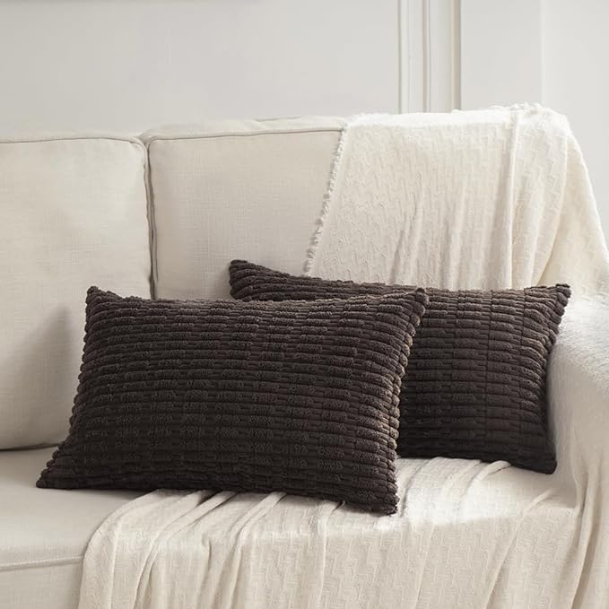 Fancy Homi 4 Packs Boho Dark Brown Decorative Throw Pillow Covers 12x20 Inch for Living Room Couch Bed Sofa, Rustic Modern Farmhouse Home Decor, Soft Plush Corduroy Cute Square Cushion Case 30x50 cm