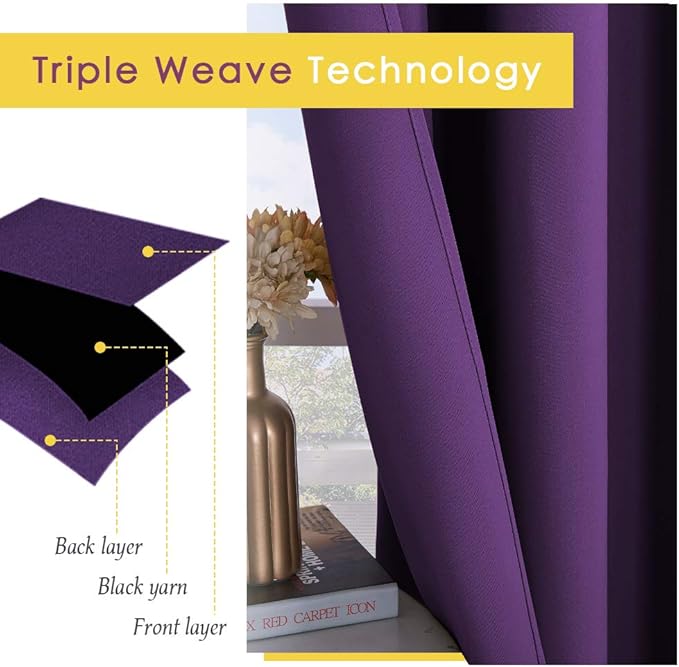 NICETOWN Thermal Insulated Blackout Draperies Curtains, Triple Weave Home Decoration Solid Ring Top Blackout Drape Panels for Bedroom (Set of 2, 42 x 45 Inch, Royal Purple)