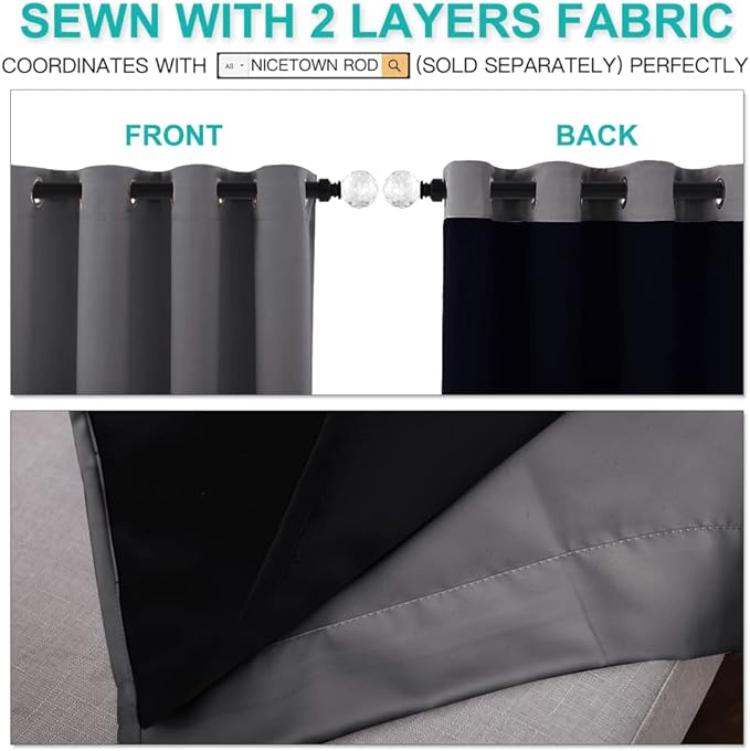 NICETOWN Total Shade Curtains and Draperies, Heavy-Duty Full Light Shading Drapes with Black Liner Backing for Villa/Hall/Dorm Window（Gray, Package of 2, 52 inches Wide x 95 inches Long