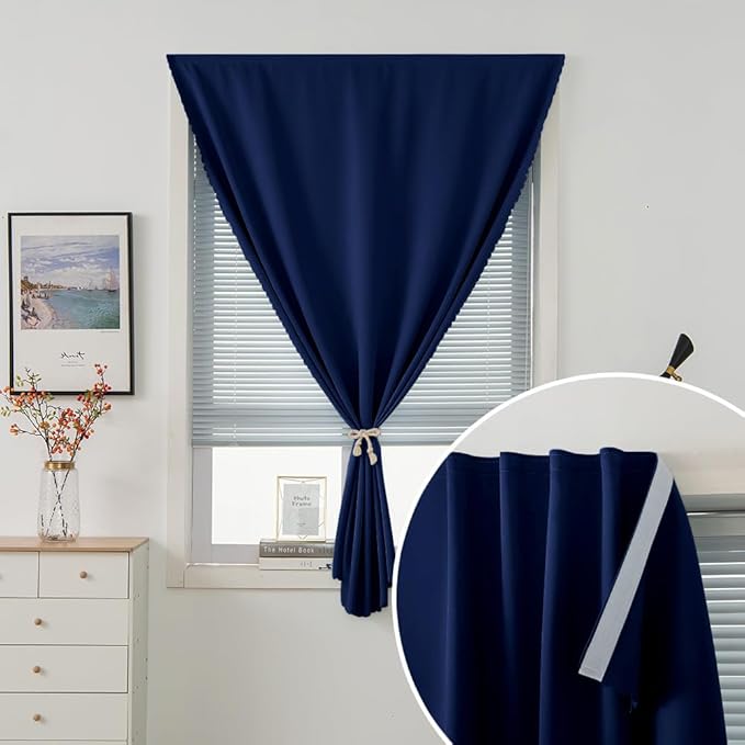 Self Adhesive Portable Blackout Curtains for Bedroom Easy to Install Window Thermal Lnsulated Kitchen Room Darkening Small Window Curtains, 35" W X 59" L, Navy Blue, 1 Panel