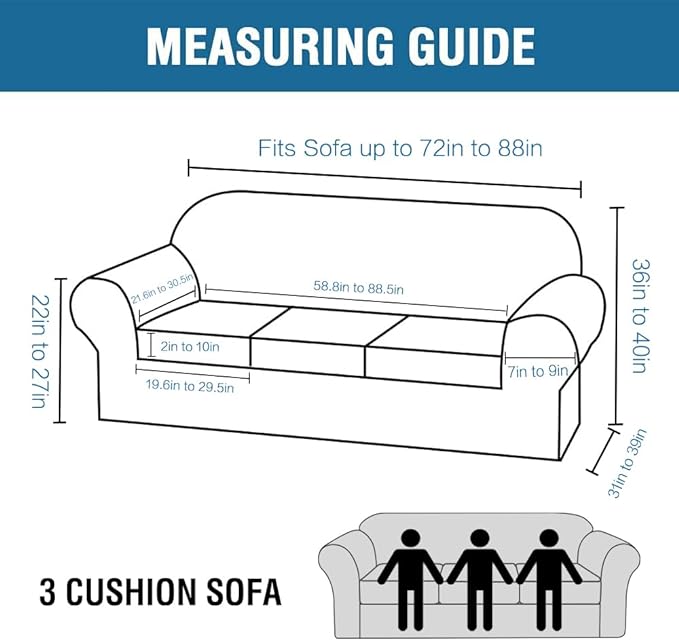 H.VERSAILTEX 4 Piece Stretch Sofa Covers for 3 Cushion Couch Covers for Living Room Furniture Slipcovers (Base Cover Plus 3 Seat Cushion Covers) Upgraded Thicker Jacquard Fabric (Sofa, Storm Blue)