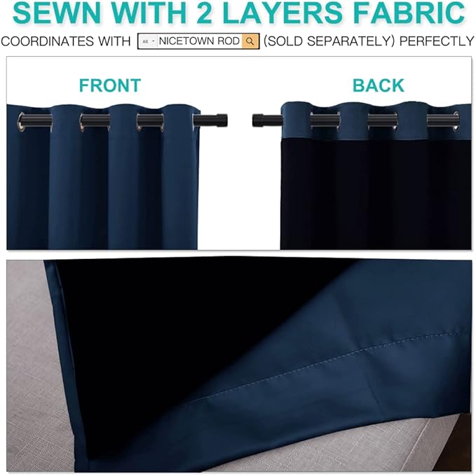 NICETOWN 100% Blackout Curtains 108 inches Long, Noise Reduction Window Treatment Curtains, Thermal Insulated Energy Smart Drapes and Draperies for Apartment Decor, Navy Blue, Set of 2, 70 inches W