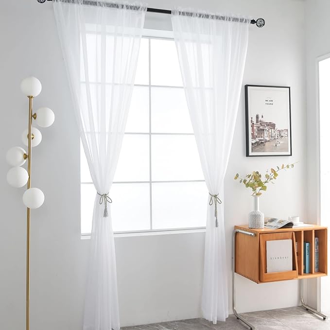 SpaceDresser Basic Rod Pocket Sheer Voile Window Curtain Panels White 1 Pair 2 Panels 60 Width 84 Inch Long for Kitchen Bedroom Children Living Room Yard(White,60 W x 84 L)