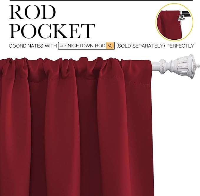 NICETOWN Christmas Burgundy Curtains Blackout Drape Panels - Lights Block Out Window Treatment Short Curtain Sets for Loft and Basement Decoration (Set of 2, 34 by 63-Inch)