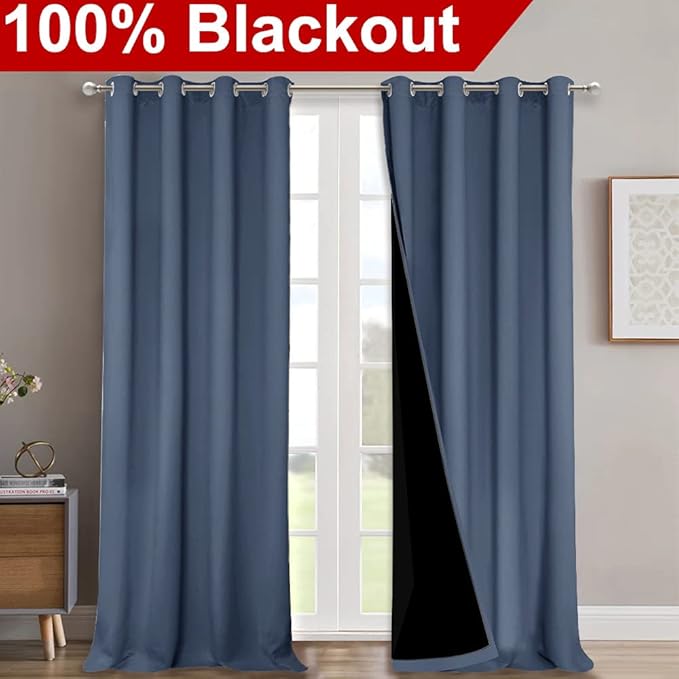 NICETOWN Full Shading Curtains 90 inches Long 2 Panels Set for Windows, Super Heavy-Duty Black Lined Blackout Curtains for Bedroom, Privacy Assured Window Treatment (Stone Blue, 52 inches W)