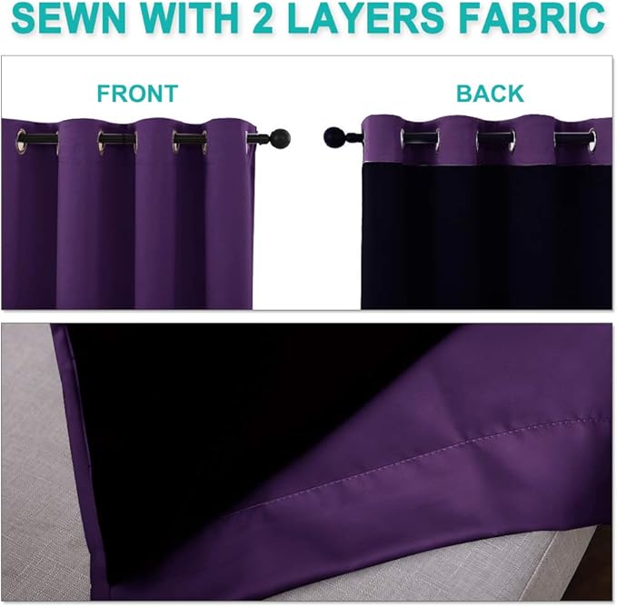 NICETOWN 100% Blackout Blinds, Set of 2, 46" x 96", Royal Purple, Laundry Room Decor Window Treatment Curtains for Large Patio Sliding Door, Thermal Insulated Curtains for Bedroom
