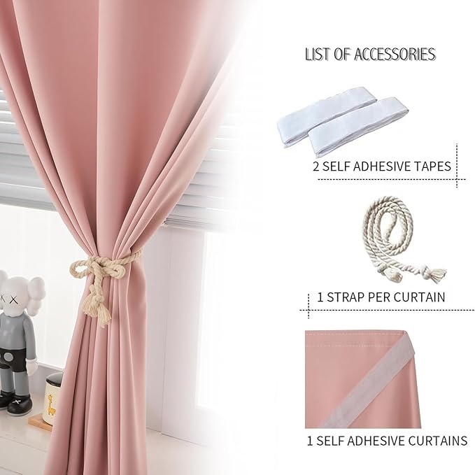 Self Adhesive Curtains, Stick Curtain Blackout Shades Window Cover Curtains for Living Room No Drilling, 47" W X 84" L, Pink, 1 Panel