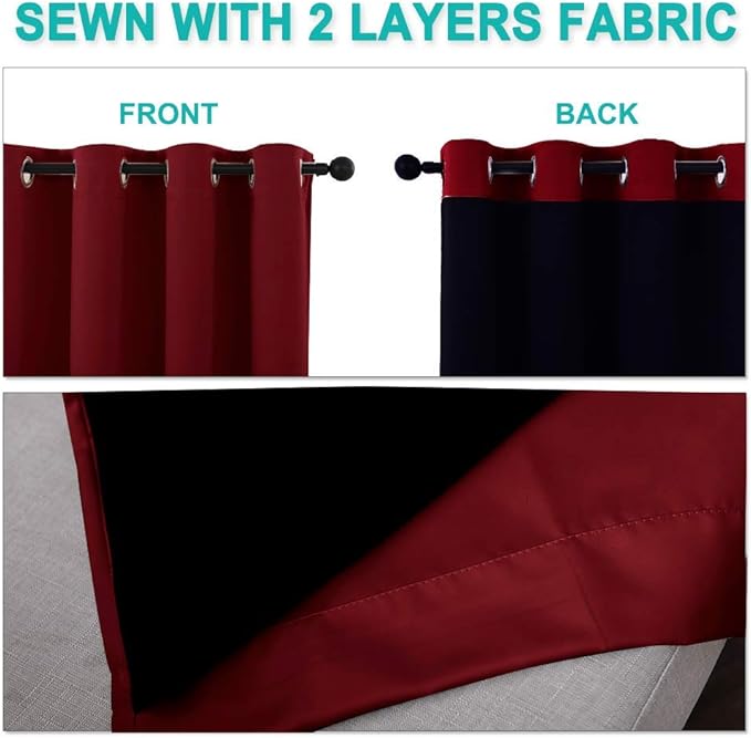 NICETOWN Kitchen Full Blackout Curtain Panels, Super Thick and Soft Insulated Window Covers, 100% Blackout Draperies with Black Backing for Cafe Window (Burgundy Red, Set of 2 PCs, 55 by 57-inch)