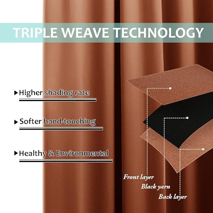 NICETOWN 100% Blackout Window Curtain Panels, Full Light Blocking Drapes with Black Liner for Nursery, 72-inch Drop Thermal Insulated Draperies (Burnt Orange, 2 Pieces, 52-inch Wide Per Panel)
