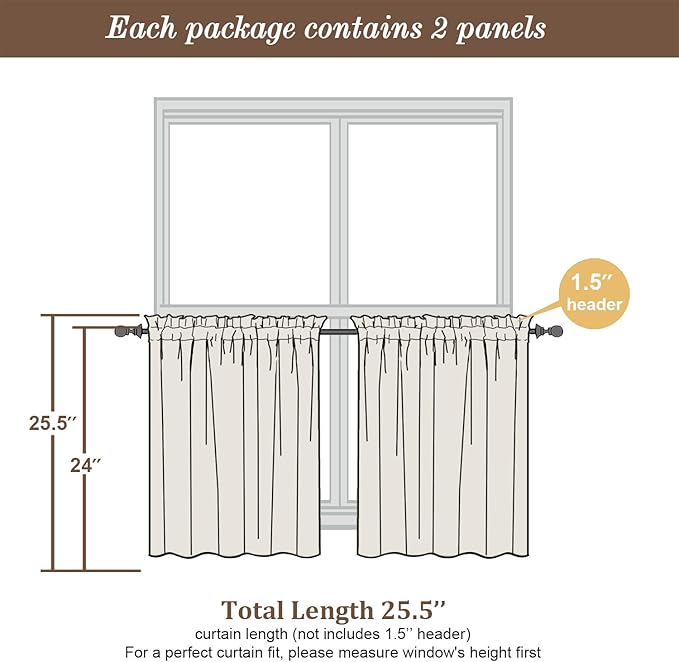 Chyhomenyc Sheer Curtains Tiers 2 Pieces Set, Light Filtering Small Curtains 24 in Length, Short Bathroom Living Room Cafe Basement Voile Window Curtains, Rod Pocket, 42W x 24L Inches, Ivory
