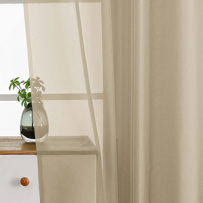Taupe Small Sheer Curtains 2 Panels Set, Kitchen Curtains 36 Inch Length, Elegant Light Filtering Short Window Drapes for Living Room Bedroom, Dual Rod Pocket Design, 2x42Wx36L Inches