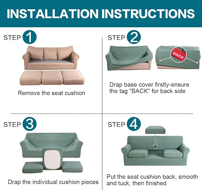 Turquoize 4 Piece Sofa Covers for 3 Cushion Couch Sofa Slipcover Soft Couch Cover for Dogs-Washable Sofa Furniture Covers with 3 Individual Large Cushion Covers (XL Sofa,Dark Cyan)