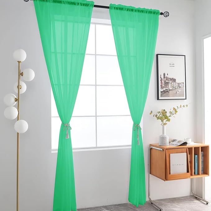 SpaceDresser Basic Rod Pocket Sheer Voile Window Curtain Panels Grass Green 1 Pair 2 Panels 52 Width 96 Inch Long for Kitchen Bedroom Children Living Room Yard（Grass Green, 52W x 96L）