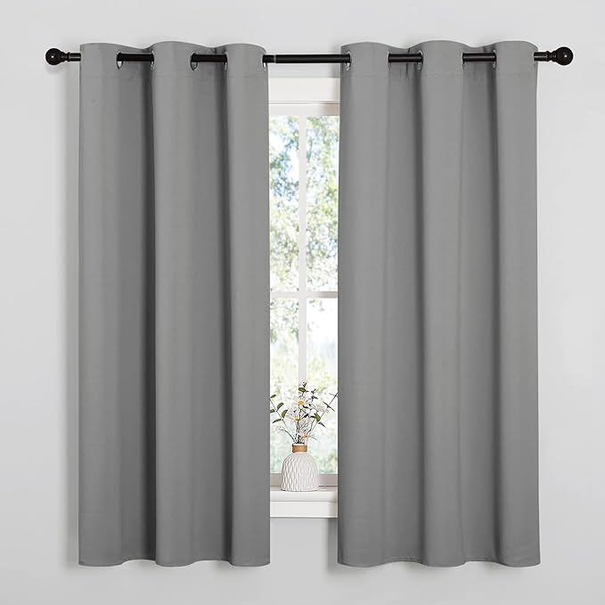 NICETOWN Silver Grey Thermal Insulated Grommet Blackout Curtains, Kids Window Drape Panel for Nursery, Privacy Short Curtains (2 Panels, W42 x L63 -Inch)