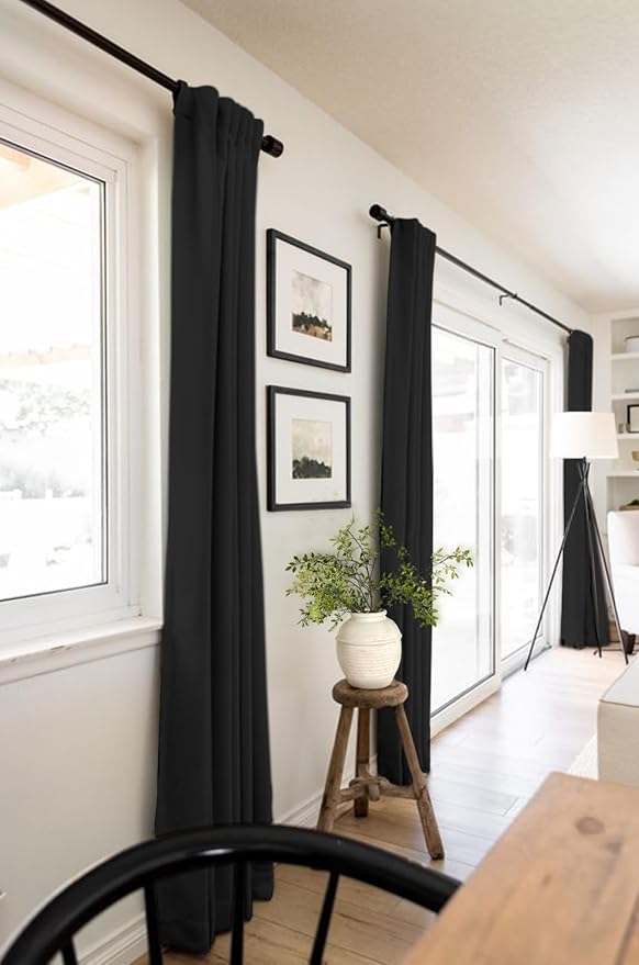 100% Blackout Shield Linen Blackout Curtains for Bedroom 90 Inches Long, Back Tab/Rod Pocket Living Room Drapes, Thermal Insulated Blackout Curtains 2 Panels Set, 50" W x 90" L, Black