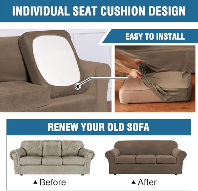 H.VERSAILTEX Real Velvet Plush 3 Piece Stretch Sofa Covers Couch Covers for 2 Cushion Couch Loveseat Covers Width Up to 72 Inch Feature Thick Soft Stay in Place (Medium Sofa, Mocha)