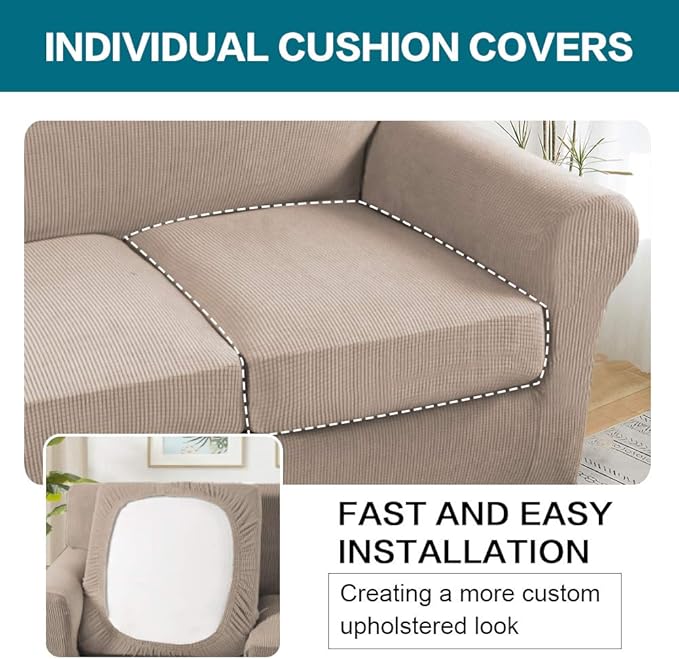 Turquoize 3 Piece Sofa Covers for 2 Cushion Couch Sofa Slipcover Soft Couch Cover for Dogs-Washable Sofa Furniture Covers with 2 Individual Cushion Covers (2 Cushion Sofa, Sand)