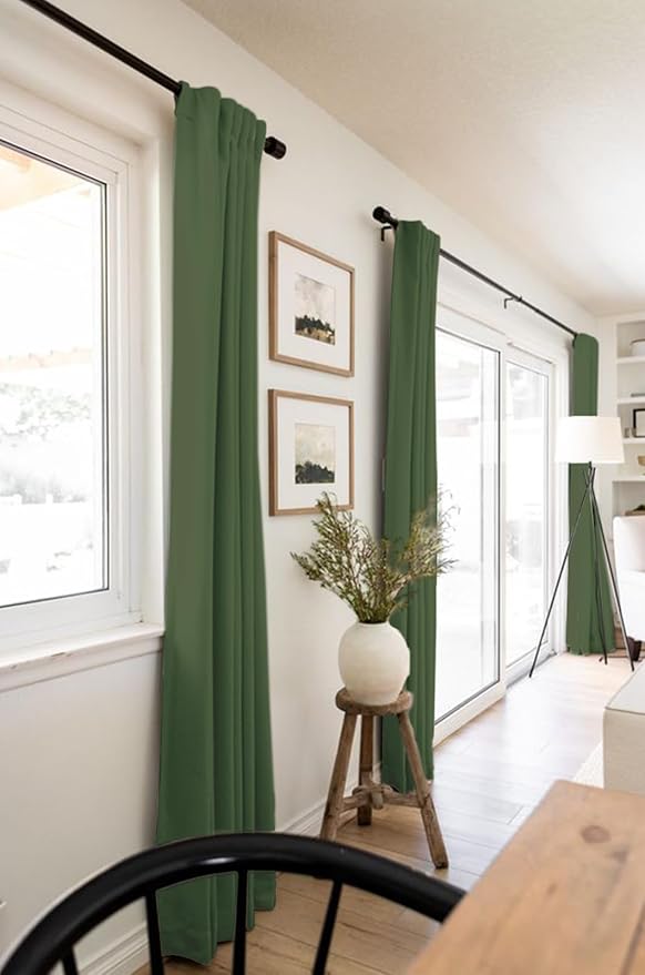 100% Blackout Shield Linen Blackout Curtains for Bedroom 90 Inches Long, Back Tab/Rod Pocket Living Room Drapes, Thermal Insulated Blackout Curtains 2 Panels Set, 50" W x 90" L, Moss Green