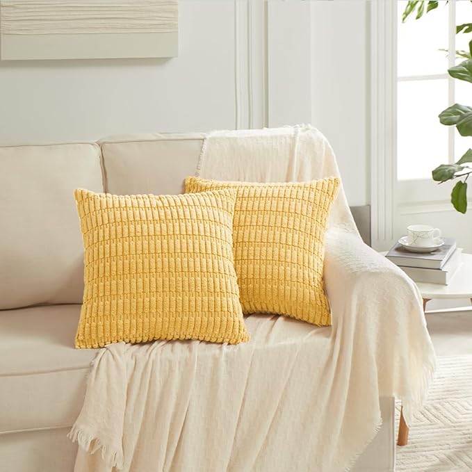Fancy Homi 4 Packs Yellow Euro Decorative Throw Pillow Covers 26x26 Inch for Living Room Couch Bed Sofa, Rustic Farmhouse Boho Home Decor, Soft Striped Corduroy Square Cushion Case 66x66 cm