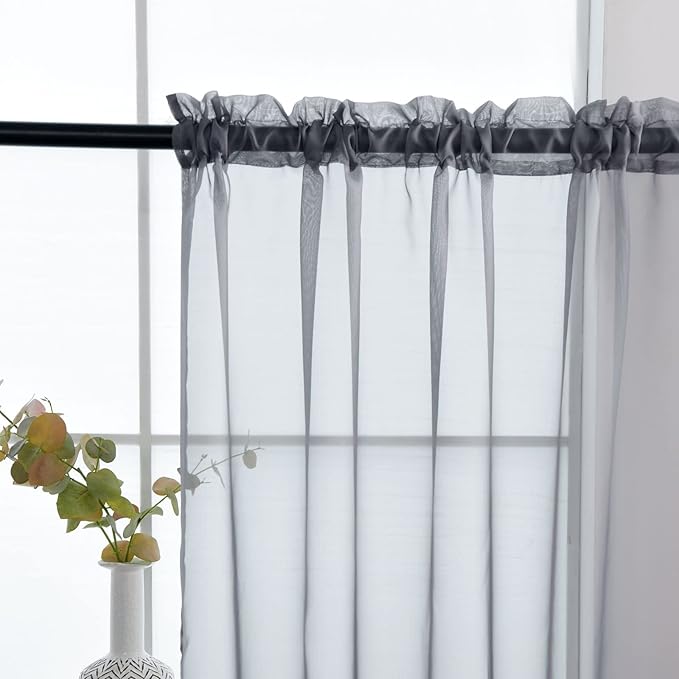 SpaceDresser Sheer Voile Window Treatment Rod Pocket Curtain Panels for Kitchen Bedroom Living Room Drapes Sunlight Filtering Privacy Semi Home Decor Assorted Colors Sizes (Grey, 52 W x 96 L)