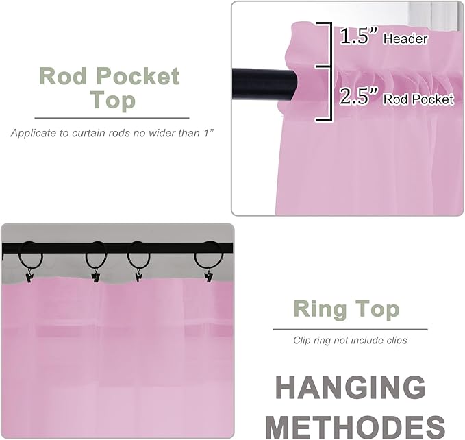 OWENIE Sheer Pink Curtains, Sheer Curtains 63 inch Length 2 Panels Set, Rod Pocket Voile Fimly Sheer Drapes for Living Room Bedroom, 2pcs, Pink, Each 59" W x 63" L