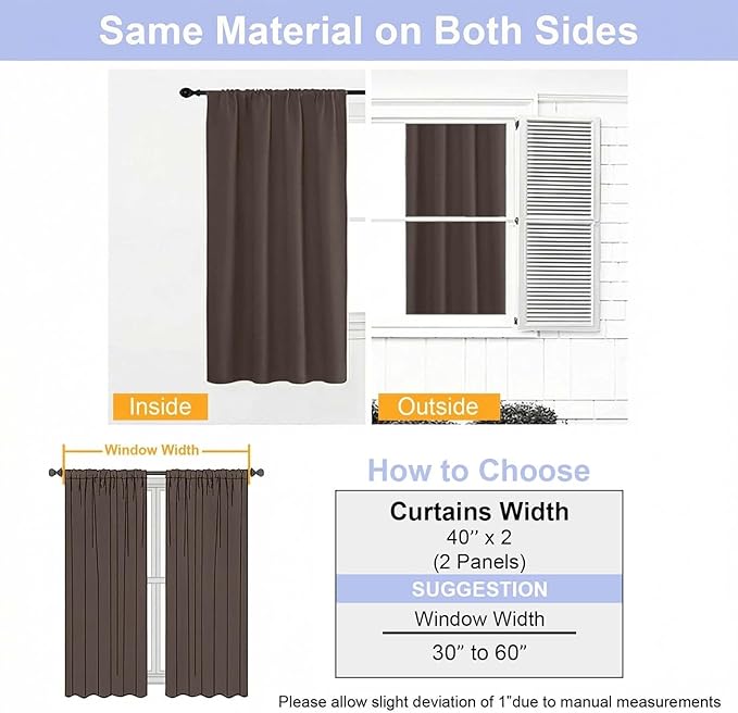 Simplebrand Ava Chocolate Blackout Curtains for Bedroom 63 Inch Length 2 Panels Set, Privacy Thermal Insulated Rod Pocket Door Window Curtains for Patio French Door Front Door, W40 x L63 Inch