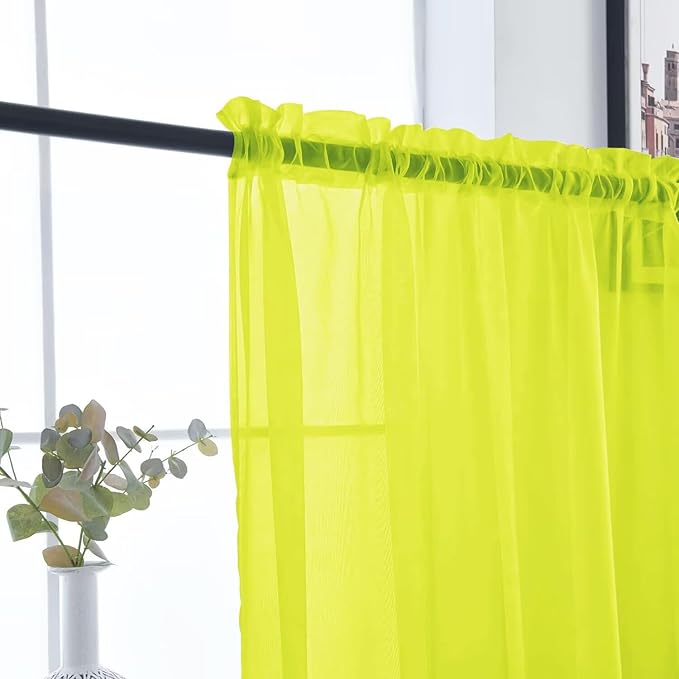 SpaceDresser Basic Rod Pocket Sheer Voile Window Curtain Panels Chartreuse 1 Pair 2 Panels 52 Width 63 Inch Long for Kitchen Bedroom Children Living Room Yard（Chartreuse, 52W x 63L）