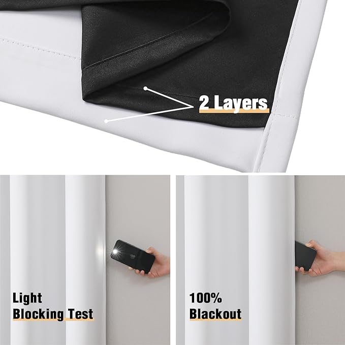 ChrisDowa White 100% Blackout Curtains for Bedroom with Black Liner, 2 Thick Layers Total Blackout Thermal Insulated Grommet Small Window Curtains 2 Panels Set (Pure White, 42 x 45 Inch)