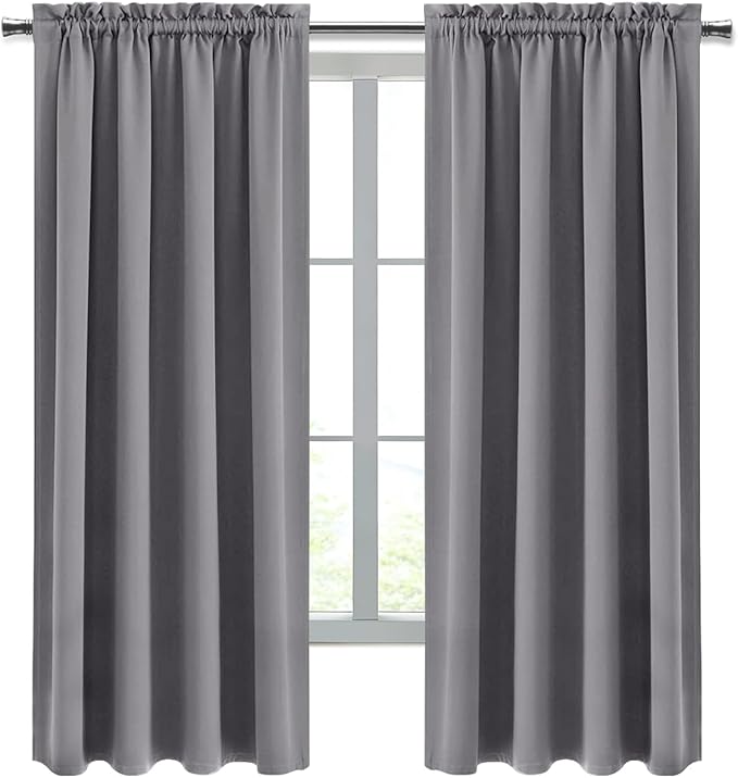 DWCN Blackout Curtains for Bedroom - Thermal Insulated Privacy Energy Saving Rod Pocket Drapes for Living Room, W 38 x L 63 Inch, Grey, Set of 2