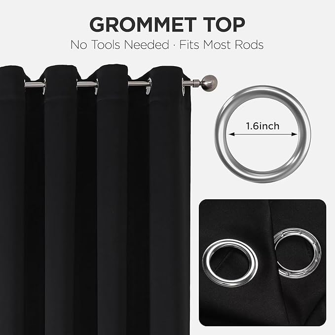 Joydeco Blackout Curtains 108 Inch Long 2 Panels Set, Black Curtains with Grommet, Room Darkening Thermal Insulated Long Drapes for Living Room Bedroom Window (Black, W52 x L108 Inch)