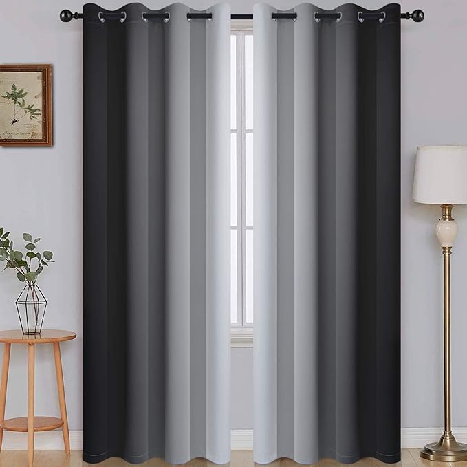 SimpleHome Ombre Room Darkening Curtains for Bedroom, Gradient Black to Grey White Light Blocking Thermal Insulated Grommet Window Curtain/Drapes for Living Room,2 Panels, 52x84 inches Length