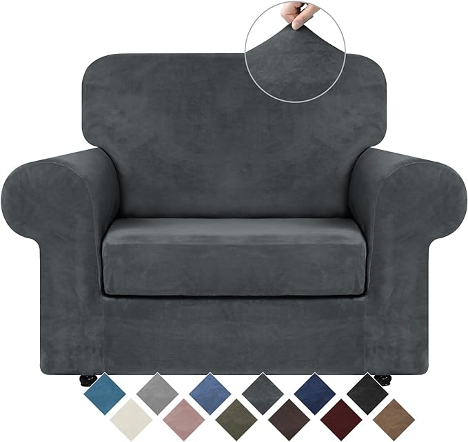 WEERRW Velvet Stretch Chair Sofa Slipcover - 2 Pieces Luxury Soft Velvet Plush Couch Cover Furniture Protector with Elastic Bottom for Pets, Machine Washable, Dark Gray, Small