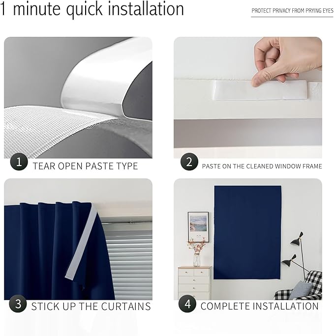 Self Adhesive Portable Blackout Curtains for Bedroom Easy to Install Window Thermal Lnsulated Kitchen Room Darkening Small Window Curtains, 47" W X 71" L, Navy Blue, 1 Panel