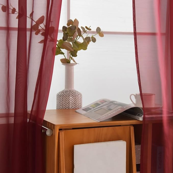 SpaceDresser Basic Rod Pocket Sheer Voile Window Curtain Panels Burgundy 1 Pair 2 Panels 52 Width 108 Inch Long for Kitchen Bedroom Children Living Room Yard(Burgundy,52 W x 108 L)
