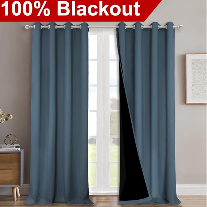 NICETOWN 100% Blackout Blinds, Set of 2, 46" x 102", Smoky Blue, Laundry Room Decor Window Treatment Curtains for Large Patio Sliding Door, Thermal Insulated Curtains for Bedroom