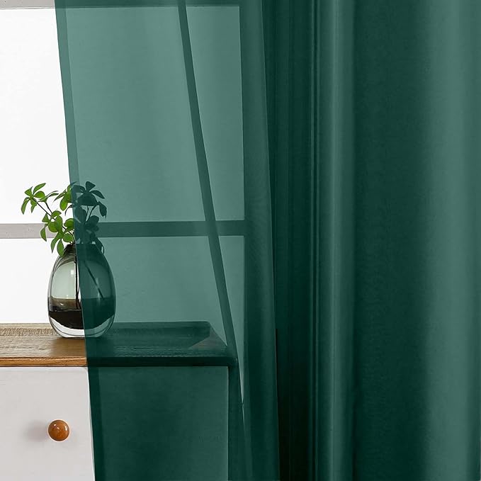 Green Small Sheer Curtains Tier 24 Inches Length 2 Pieces, Light Filtering Cafe Curtains for Living Room Bathroom, Modern Window Treatments Dual Rod Pocket, Hunter Green, 2X42Wx24L Inches