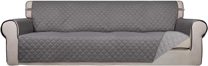 PureFit Reversible Quilted Sofa Cover, Water Resistant Slipcover Furniture Protector, Washable Couch Cover with Non Slip and Elastic Straps for Kids, Dogs, Pets (XX Large, Gray/Light Gray)