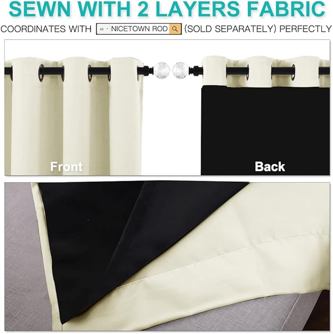 NICETOWN Living Room Completely Shaded Draperies, Privacy Protection & Noise Reducing Ring Top Drapes, Black Lined Insulated Window Treatment Curtain Panels (Beige, 2 Pieces, W62 x L63)