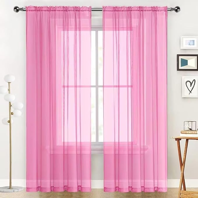 SpaceDresser Basic Rod Pocket Sheer Voile Window Curtain Panels Pink 1 Pair 2 Panels 52 Width 84 Inch Long for Kitchen Bedroom Children Living Room Yard（Pink, 52W x 84L）