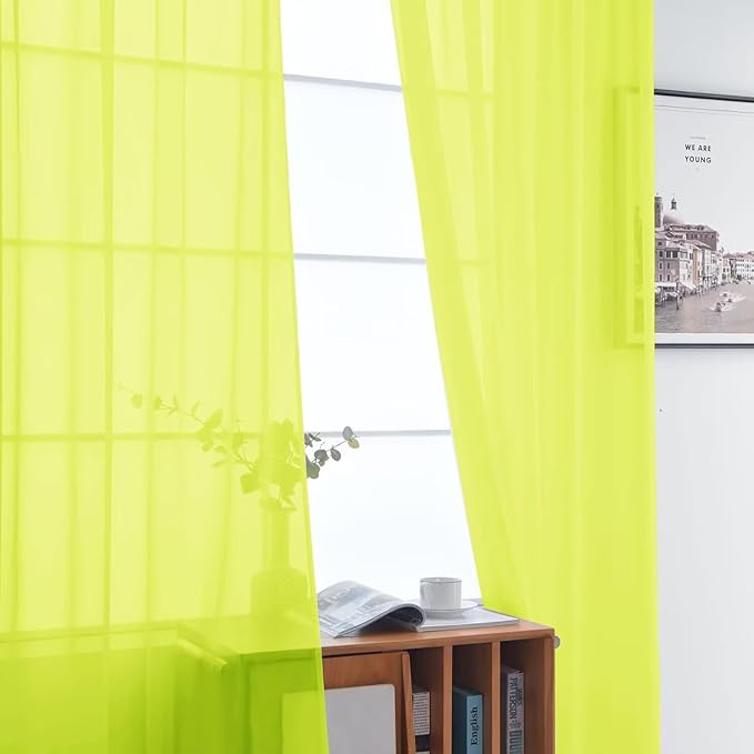 SpaceDresser Basic Rod Pocket Sheer Voile Window Curtain Panels Chartreuse 1 Pair 2 Panels 52 Width 108 Inch Long for Kitchen Bedroom Children Living Room Yard（Chartreuse, 52W x 108L）