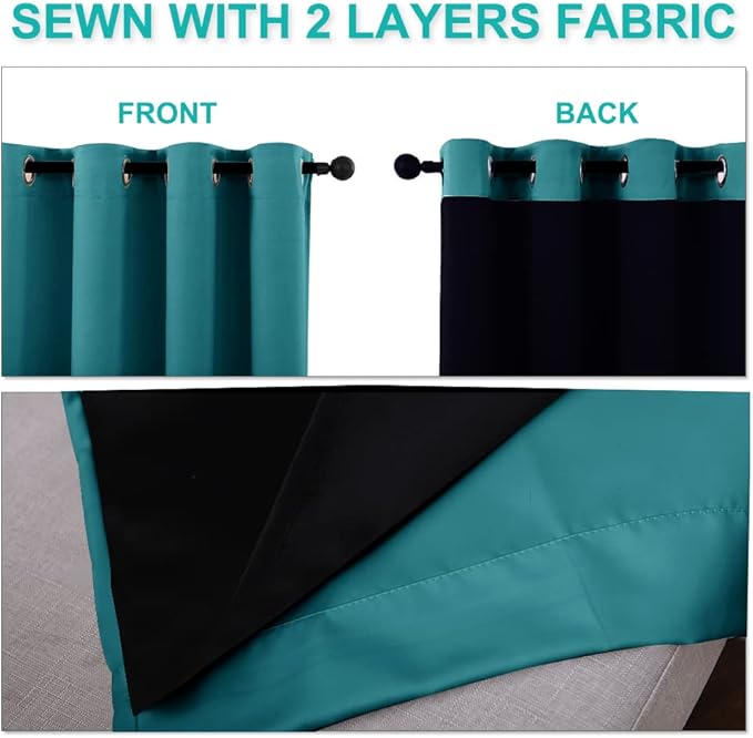NICETOWN 100% Blackout Blinds, Set of 2, 46" x 102", Peacock Teal, Laundry Room Decor Window Treatment Curtains for Large Patio Sliding Door, Thermal Insulated Curtains for Bedroom