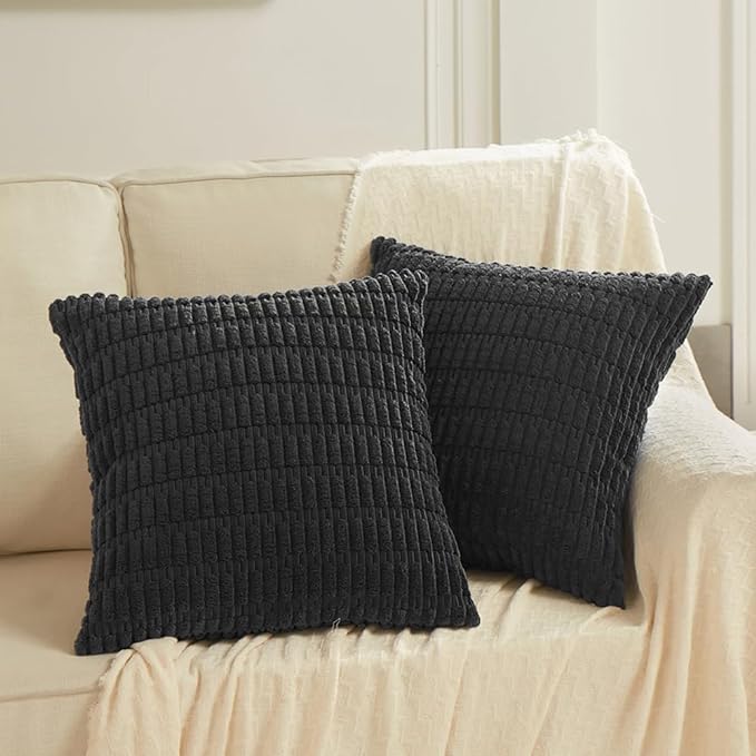 Fancy Homi 4 Packs Boho Black Decorative Throw Pillow Covers 18x18 Inch for Living Room Couch Bed Sofa, Rustic Modern Farmhouse Home Decor, Soft Plush Corduroy Cute Square Cushion Case 45x45 cm