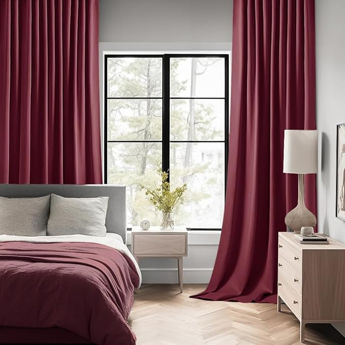 MIULEE Christmas Wine Red Back Tab Blackout Curtains 108 Inch Long 2 Panels Set for Bedroom, Rod Pocket/Pinch Pleat Extra Long Thermal Insulated Living Room Darkening Pleated Light Blocking Drapes