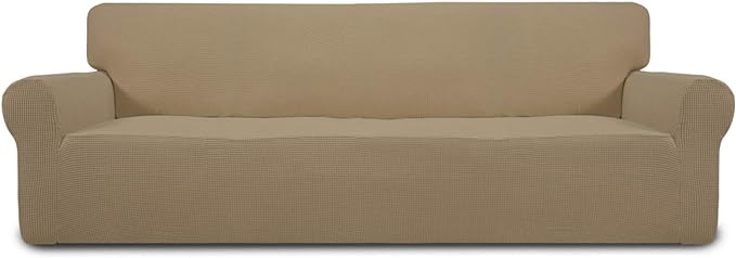 Easy-Going Stretch 4 Seater Sofa Slipcover 1-Piece Sofa Cover Furniture Protector Couch Soft with Elastic Bottom for Kids, Polyester Spandex Jacquard Fabric Small Checks Tan